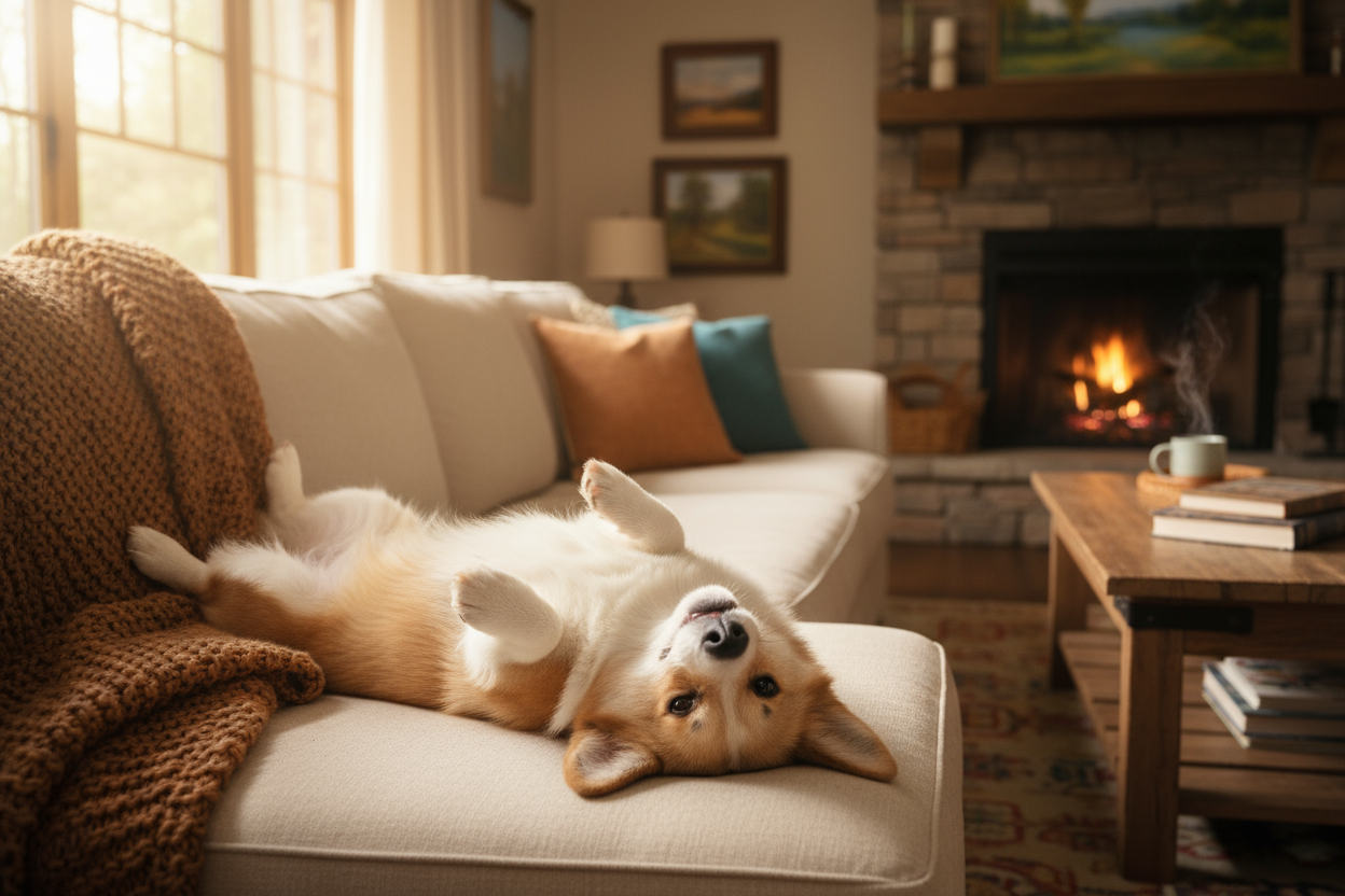 a happy corgi lying on a couch with his belly up